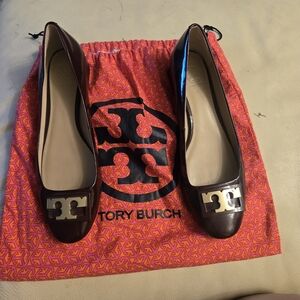 Tory Burch Women's Brown Patent Leather Logo Ballet Flats